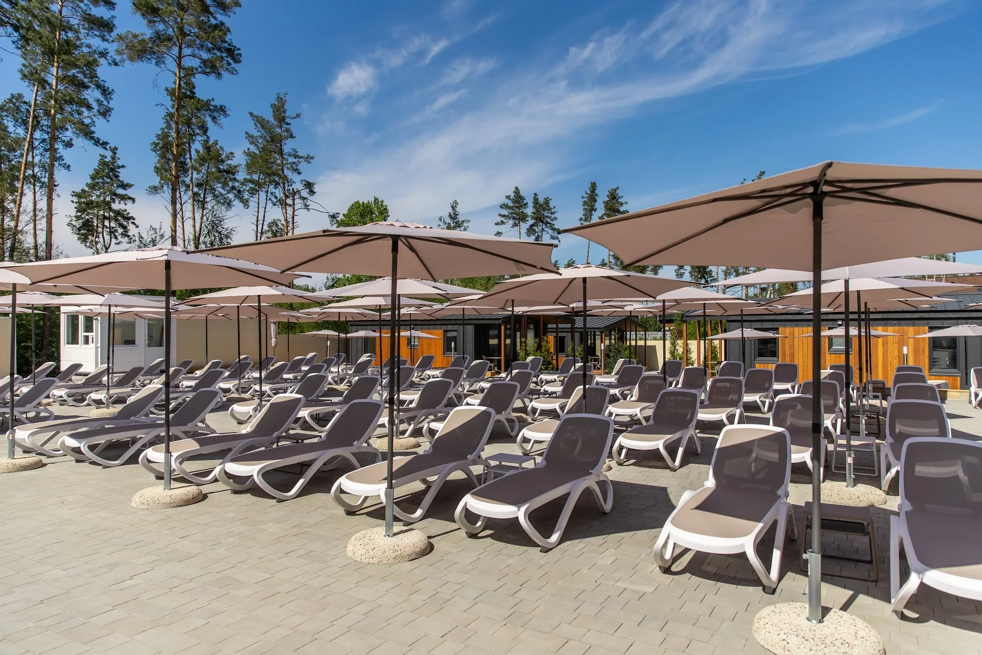 Літній басейн Villa Vita з шезлонгами та парасолями